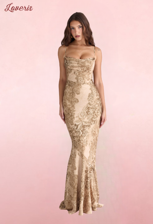 Nalani - Vestido longo de cetim com estampa dourada - edição limitada