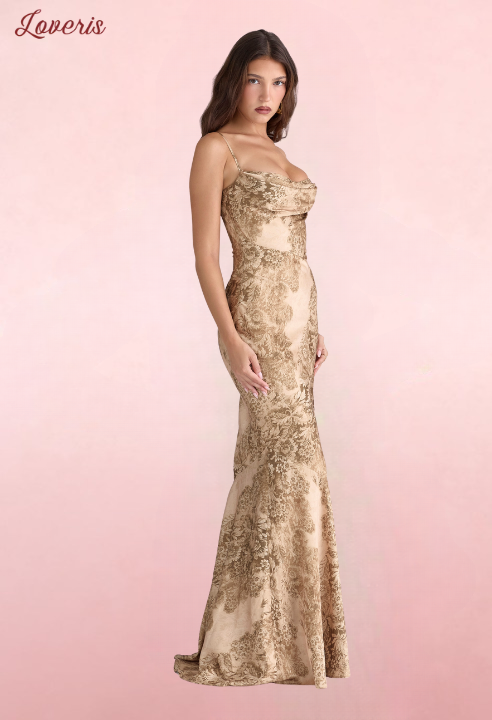 Nalani - Vestido longo de cetim com estampa dourada - edição limitada