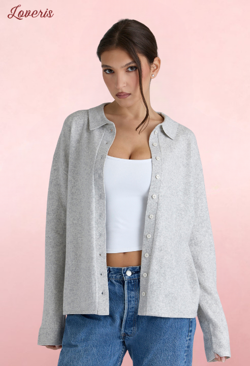 Devon Camisa de Malha Cinza em Cashmere e Lã Merino