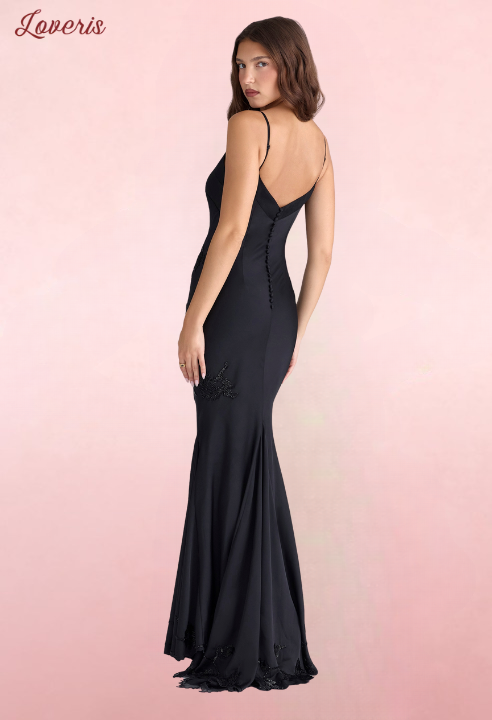 Anastelle - Vestido longo preto de cetim bordado à mão - edição limitada