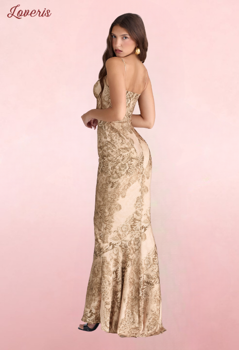 Nalani - Vestido longo de cetim com estampa dourada - edição limitada